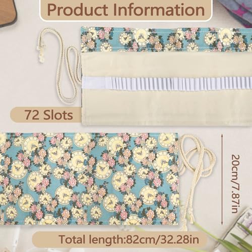 Image of Yitexin 72 Slots Canvas Pencil Roll Wrap, Handmade Roll-Up Pencil Case Pouch Fabric, Large Capacity Pencil Case Holder Organizer for Artists Painting, Sketchers(Flower & Clock)