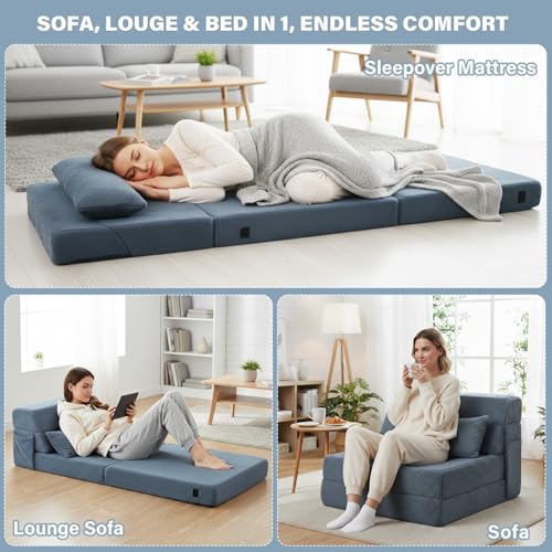 Image of Tiita Convertible Folding Sofa Bed Single Size for Adults with Pillow, Plush Fabric Floor Mattress Couch Bed, Washable Cover & Side Pocket, Guest Room, Dorm, Apartment, Living Room, Blue Gray