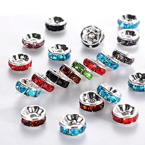 Pack of 50 Crystal Rhinestone Rondelle Mix Colourful Spacer Beads, 8 mm Spacer Beads, Metal Beads, Crystal Beads