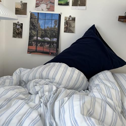 Image of MKXI Twin Size Duvet Cover Set - 100% Washed Cotton Blue & White Striped Bedding, Soft & Breathable 3-Piece Set with Zipper Closure & Corner Ties, Modern Coastal Vintage Style