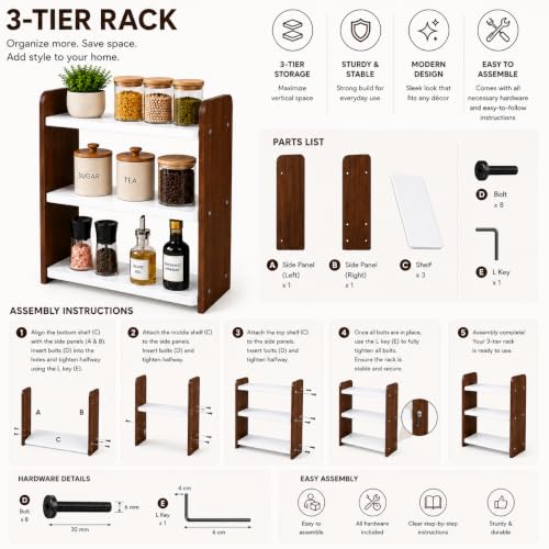 Image of 3-Tier Kitchen Organizer Rack for Countertop, Engineered Wood Spice Rack Shelf, Space Saving Storage Stand for Kitchen, Bathroom & Office, Easy Assembly, Dark Brown (White & Brown)