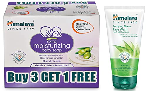 Image of Himalaya Extra Moisturizing Baby Soap (300g),buy 3 get 1 free(4N X 75g) & Himalaya Herbals Purifying Neem Face Wash, 150ml