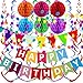 FECEDY Happy Birthday Banner with Colorful Paper Flag Bunting Paper Circle Confetti Garland Swirl Streamers Honeycomb Ball for Birthday Party Decorations
