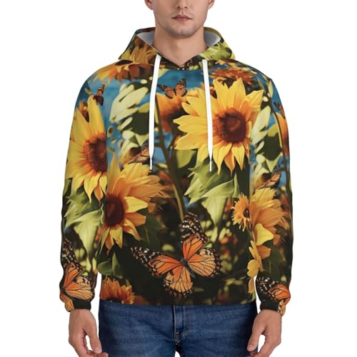 Men's Fleece Pullover Hoodie Long Sleeve Hooded Sunflowers and butterflies Sweatshirt Casual Shirts With Pockets 3X-Large Black2