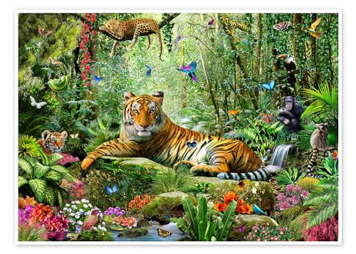 Posterlounge Tigre dans la jungle Poster de Adrian Chesterman 70 x 50 cm Vert Tableaux Décoration murale