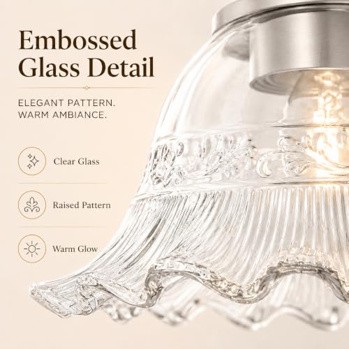 Image of Brushed Nickel Bathroom Wall Sconce Vintage Style, E26 Easy Mounted | Vanity Light with Flower Glass Shade, Bathroom Wall Lighting Fixture Beside Mirror, Easy Mounted for Bedroom, Hallway