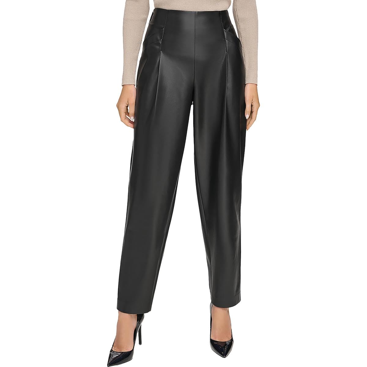 DKNY Womens Faux Leather High Rise Ankle Pants Black XL