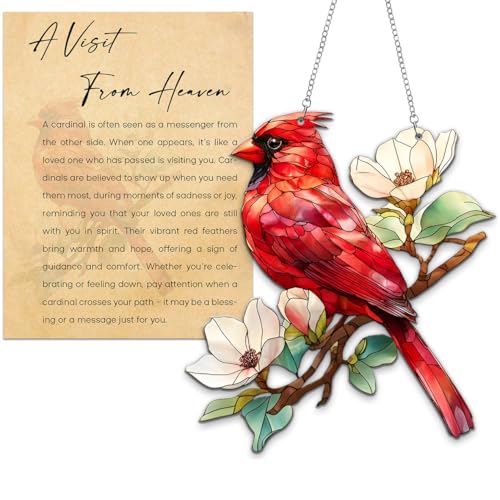 Cardinal Memorial Acrylic Suncatcher with Gift Card Faux Stained Glass Cardinal Memorial Window Hangings Decor Red Bird Suncatcher Gift for Loss of Loved One Family Remembrance Ornament