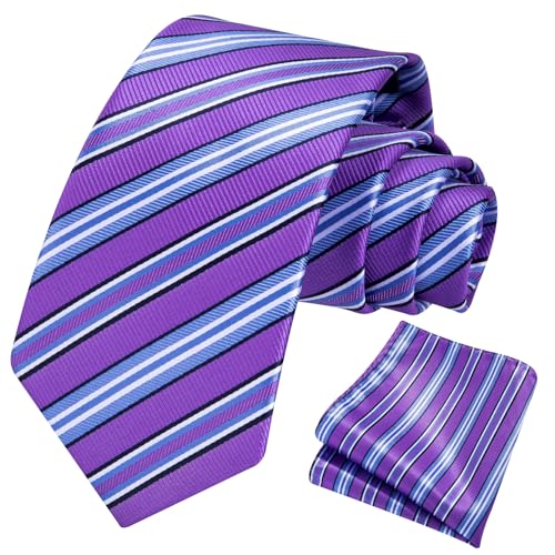 Image of HISDERN Stripe Tie Mens Ties with Pocket Square Set Classic 3.4'' Silk Formal Necktie Handkerchief for Business Wedding