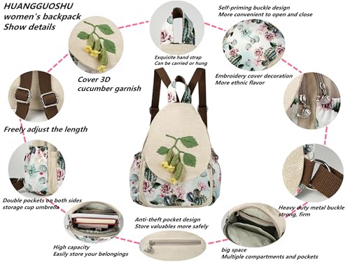 Image of Small Canvas Backpack, Retro Boho Washed Hippie for Women Daily Commute (Cucumber Decorations)