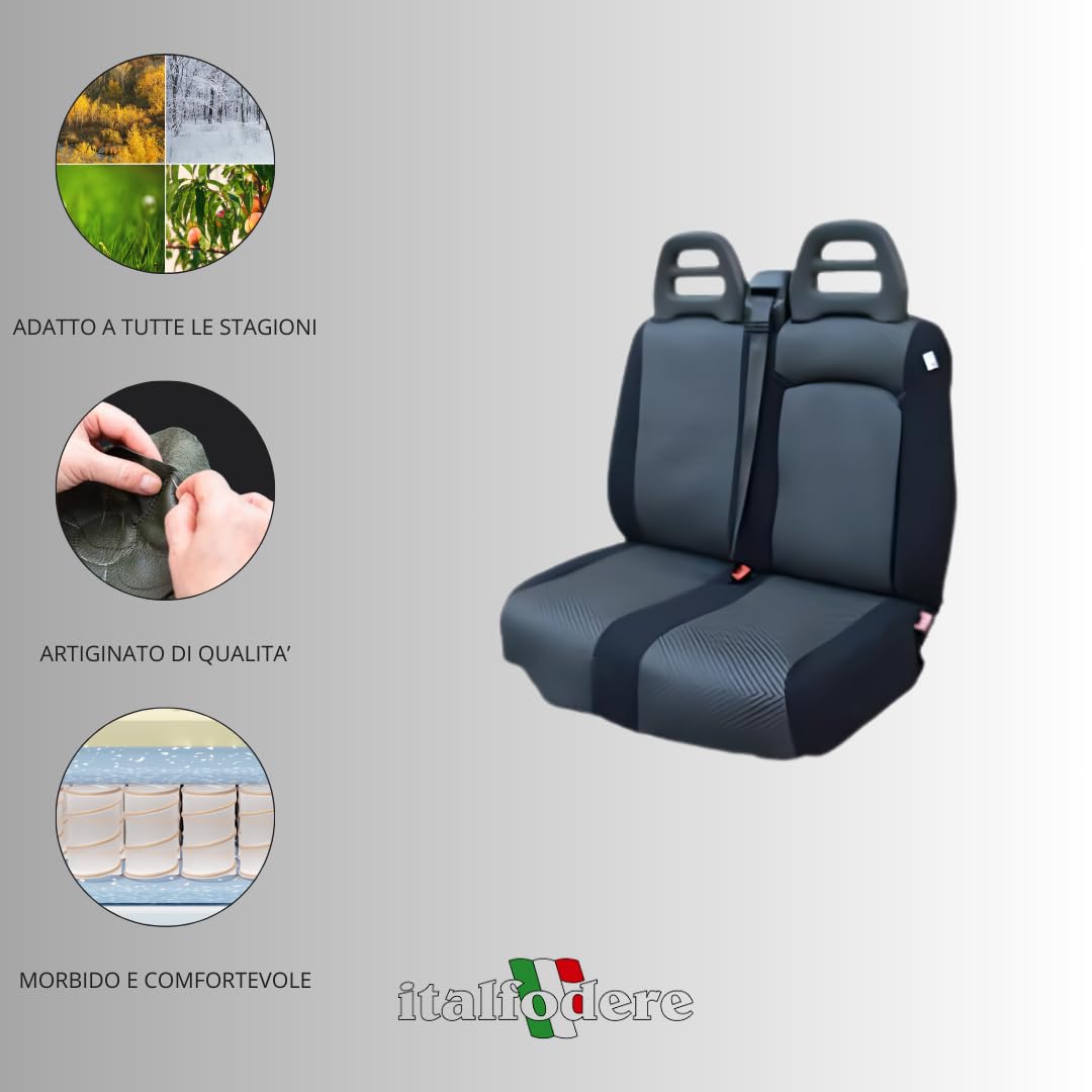 Italfodere - Coprisedili Auto Anteriori - Compatibili con Fiat Ducato 3 Posti con Vano Apribile - Fatti a Mano - Gommapiuma e Poliestere - Accessori Auto Interno - Made in Italy - Nero