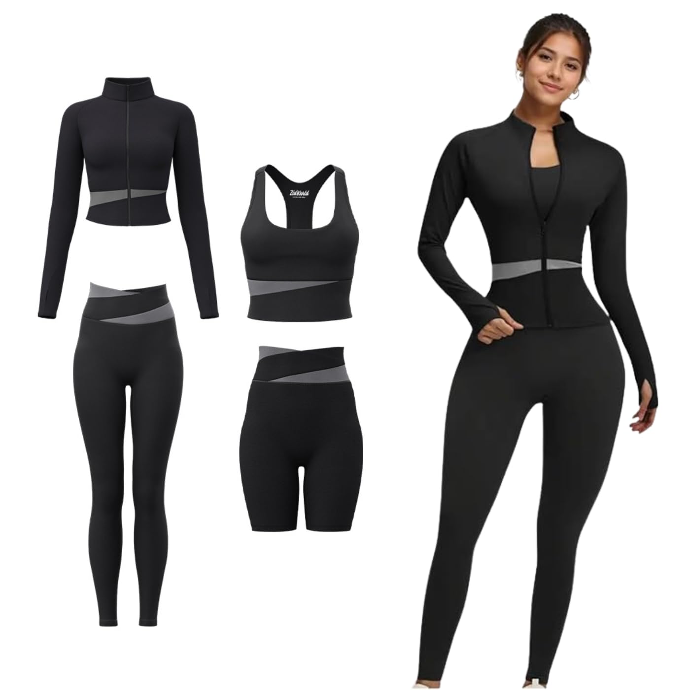 Set di 4 pezzi da donna per yoga, allenamento, con cerniera, giacca a maniche lunghe, leggings da yoga per fitness, reggiseno imbottito sportivo per corsa, fitness, tuta senza cuciture