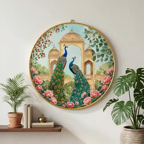 Image of SAF Royal Peacock Couple Wall Painting Round PVC Golden Frame Floral Garden Artwork Elegant Bird Art for Living Room Bedroom Hallway Office Home Decor (23 x 23 Inch) GR-411