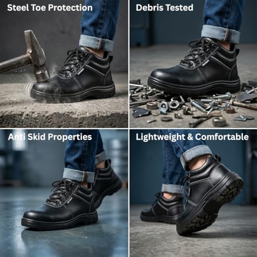 Image of Contablue Rival Safety Boots for Men | Genuine Leather, Steel Toe | ISI Certified IS:15298 | Chemical & Oil Resistant, Anti-Skid | Heavy Duty Work Boots for Construction, Mining & Industrial Use