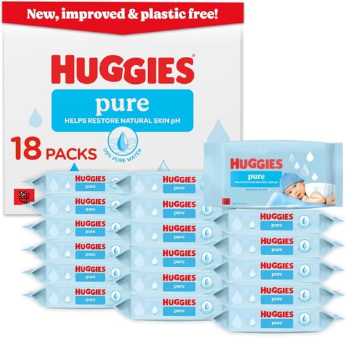 Huggies Pure Plastic Free Baby Wipes - Pack of 18 (864 Wipes) - 99% Water Wet Wipes Fragrance Free Hypoallergenic Better Cleaning Soft and Gentle on Babies Delicate Skin
