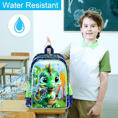 Image of 3Pcs Dinosaur Backpack for Boys, 16 inch Bookbag with Lunch Box, Kids School Backpacks Set for Elementary Preschool Kindergarten (Green)