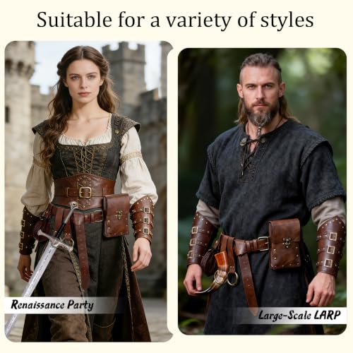 Image of Renaissance Belt Pouch Medieval Viking Leather Bracers Set for LARP