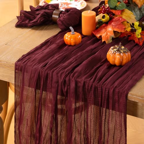 Image of MLMC 8 Pack Burgundy Cheesecloth Table Runner Boho Rustic Gauze Wine Red Cheese Cloth Table Runner Cheese Cloth Centerpiece Decor 35x120 Inches for Wedding Reception Anniversary Home Decor