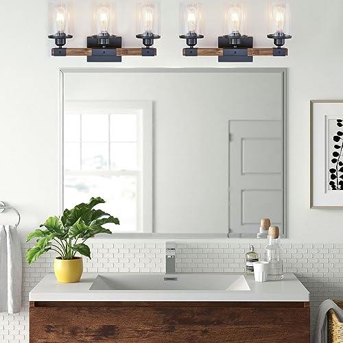 Image of 3-Light Bathroom Light Fixtures, Farmhouse Bathroom Vanity Light Rustic Wood Industrial Vintage Black Small Wall Light Sconce Lamp Over Mirror with Clear Glass Shade for Bedroom