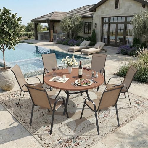 Image of DIFY Patio Chairs Set of 6, Stackable Outdoor Dining Chairs Set with Breathable Textilene High Back and All-Weather Metal Frame for Garden, Backyard, Deck, Brwon
