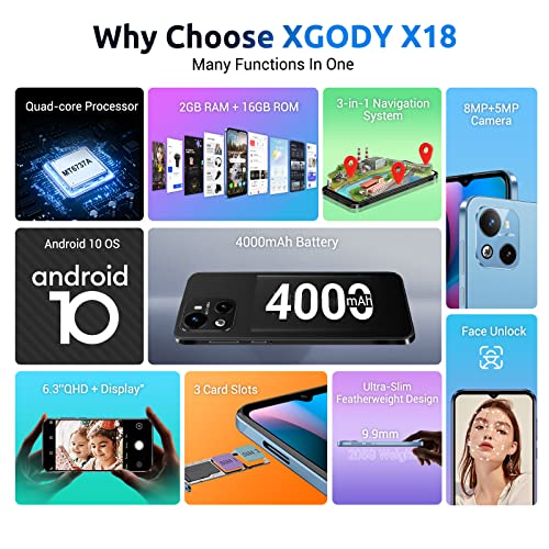 Xgody X18 4G Unlocked Phones, 6.3 Inch Ips Screen Smartphones, Android 10 Os Dual Sim Cheap Cell Phone, Quad Core 2Gb+16Gb, Dual 5Mp+8Mp Camera, 4000Mah Battery, Face Id Smart Phone (Black) #TOP1