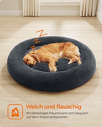 Feandrea Hundebett flauschig, Katzenbett, Donut Kissen, waschbar, Polsterung in der Mitte herausnehmbar, Langer Plüsch, 120 cm Durchmesser, dunkelgrau PGW043G02