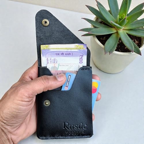 Image of Charcoal Black Genuine Leather Slim Compact Wallet Cash and Card Holder for Men, Minimalist Design, RFID Blocking, Hand Stitched, Lightweight - Slim Size (11x8 cm)