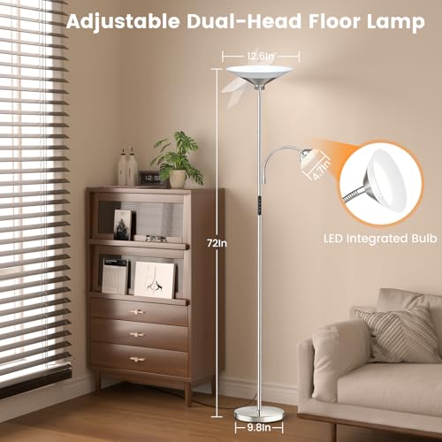 Image of SIBRILLE Metallic Sliver Torchiere Floor Lamp, 2 Way 72'' Dimmable LED Standing lamp with Rmote, Multi Color Temps, 34W Tall Light with Independent Control for Living Room Bedroom Office Reading