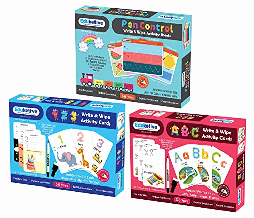 Image of (Combo of 3) Pen Control+123 Numbers+ABC Letters Write & Wipe Reusable Activities Educational Games with Exercise Book