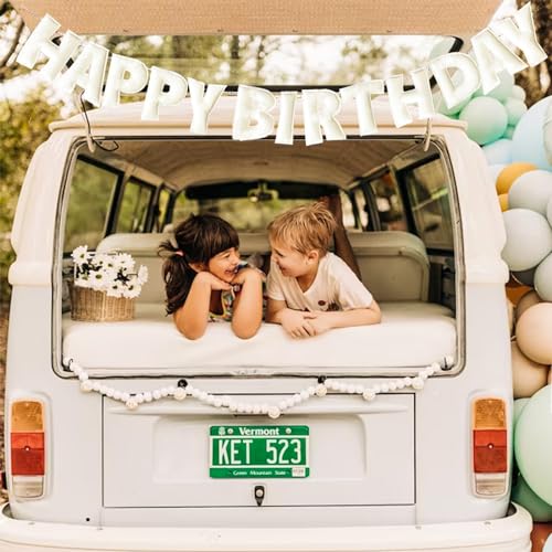 image for KUQJJQU Pre-Strung Happy Birthday Banner - Felt Ball Garland, White Th