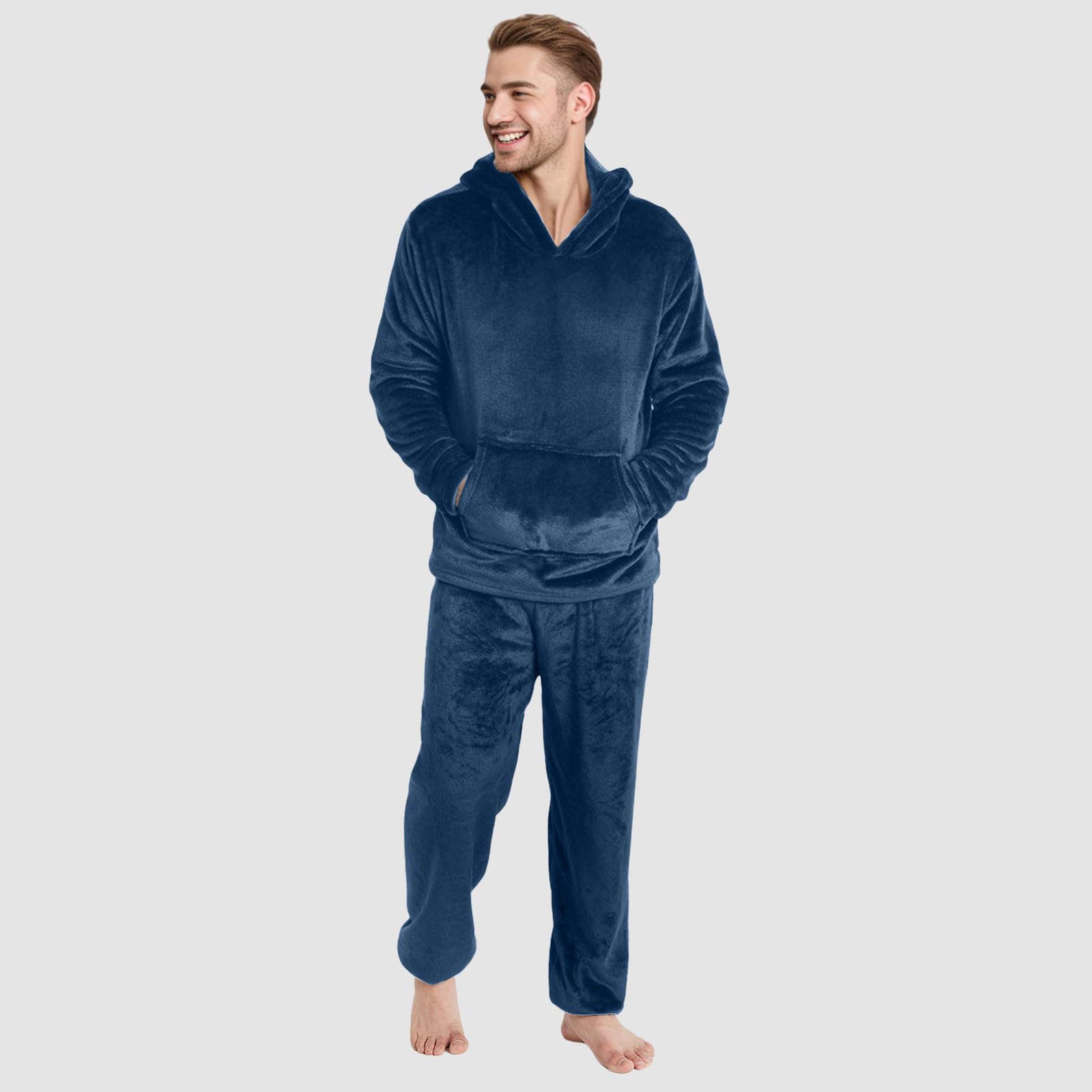 Generisch Pijama para hombre largo y grueso de franela con capucha y pantalón de dormir de dos piezas, pijama de dos piezas, traje de casa suave con bolsillo, invierno cálido y suave