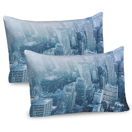 Ambesonne Winter Pillow Sham Set of 2, Snow in New York City Image Skyline with Urban Skyscrapers in Manhattan USA, Quality Microfiber Bedding Item for All Seasons, 30