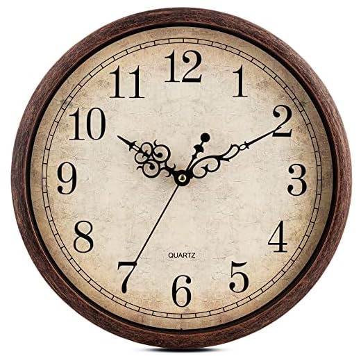 Bernhard Products Vintage Brown Wall Clock Silent Non Ticking 12 Inch Quality Quartz Battery Operated Round Decorative Easy to Read for Home Kitchen Living/Dining Room Bedroom Office Classroom School