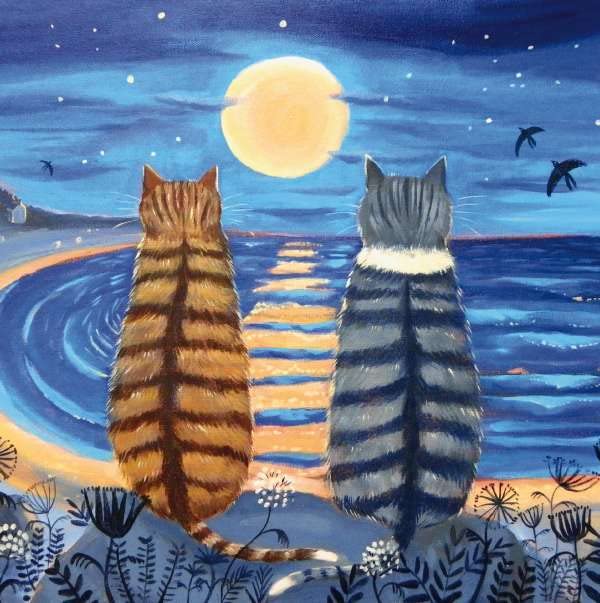 Noel Tatt Artistic Blank Greetings Card - 'Moon Cats' - From The Showcase Range - For Him/For Her - Suitable For Birthdays And Other Occasions