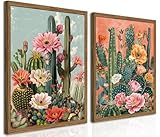 Framed Mexican Cactus Canvas Wall Art Set of 2, Vintage Desert Floral Wall Decor Paintings, Southwestern Boho Botanical Pictures Prints Aesthetic Home Decor for Living Room Bedroom Bathroom 12x16 inch