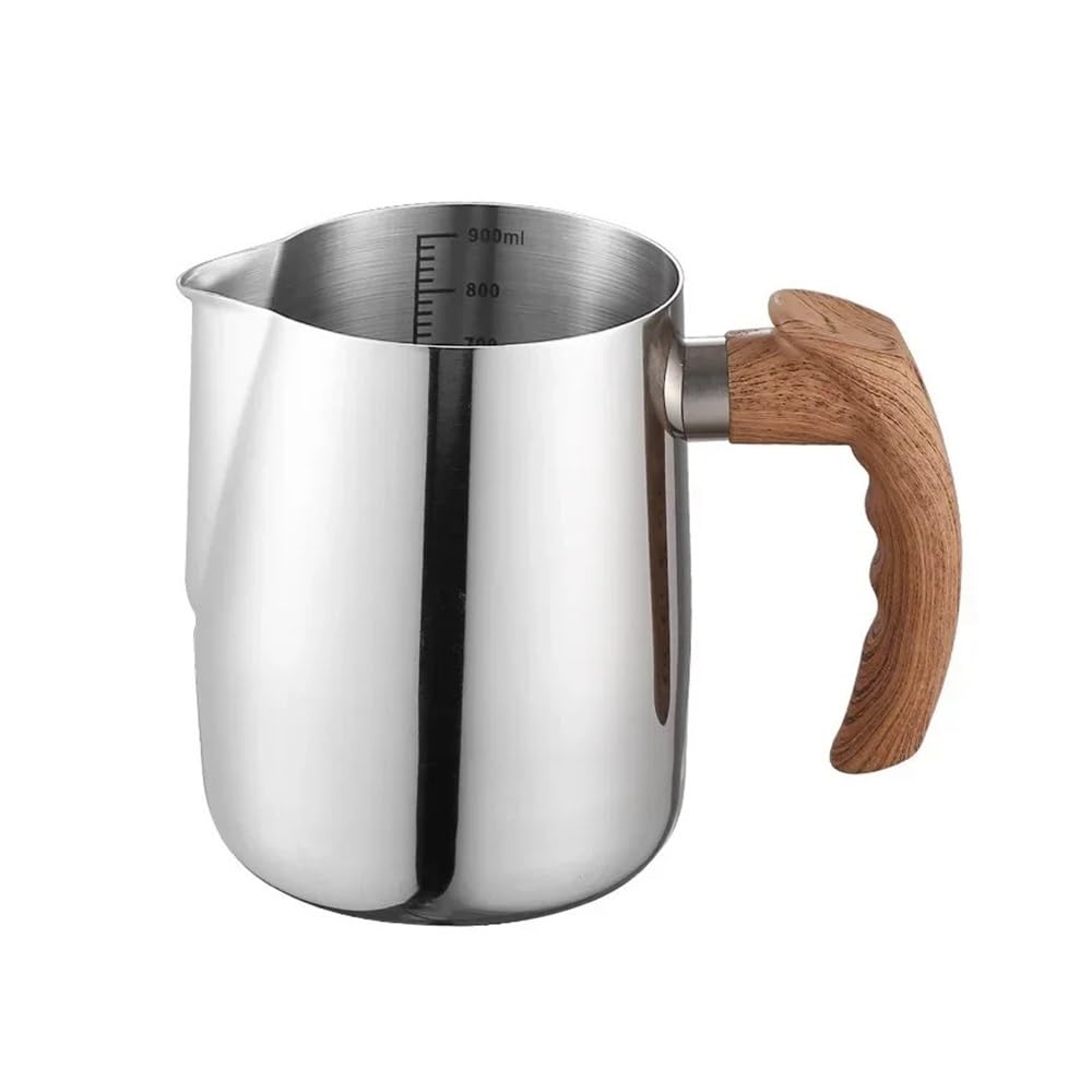 Milchaufschäumkännchen aus Edelstahl, 600/900 ml, präzise Skala, Holzgriff, Latte-Kaffeetasse, Kaffeezubehör, Küche, Café, Zubehör (600 ml, Silber)