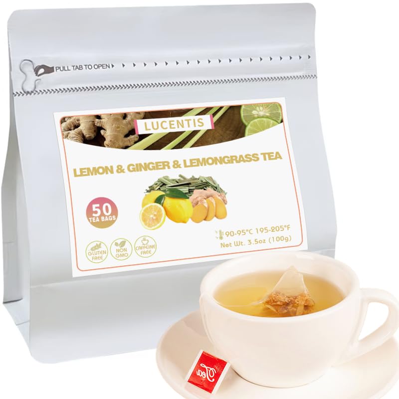 Lemon Ginger Lemongrass Herbal Tea – 柠檬姜香茅养生茶 – 3.5oz/100g (50 Pyramid Tea Bags) – Natural, Caffeine-Free, Non-GMO, Supports Digestion & Relaxation