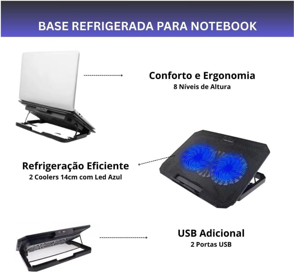 Suporte Para Notebook Base Ergonômica Refrigerada Com 2 Coolers Potentes Silencioso LED Azul 8 Níveis de Altura Premium