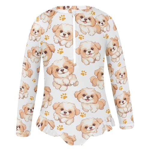 Puppy Footprints Girls Long Sleeve Swimsuit Rash Guard One Piece Bathing Suits Zipper 3-12T2