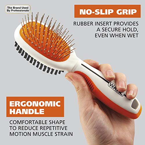 Image of Wahl Premium Pet Double Sided Medium Pin Bristle Brush, Ergonomic Brush with Ergonomic Rubber Grips for Comfortable Brushing and Finishing Coats of Dogs and Cats - Model 858413
