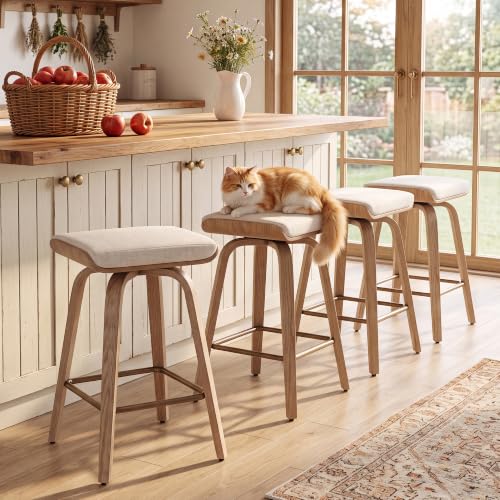 Image of HNY 26 inch Swivel Bar Stools Set of 4, Backless Counter Height Bar Stools with Removable Linen Cushion, 360 Swivel Wooden Saddle Stools with Footrest for Kitchen Island, Home Bar & Small Spaces