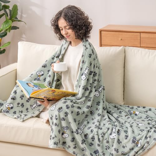 Image of Berkshire Blanket Peanuts VelvetLoft Cute Character Snoopy Plush Throw Blanket,Peanuts Snoopy & Woodstock New Flower and Bees Sage,Throw 55 in x 70 in (Official Peanuts Product)