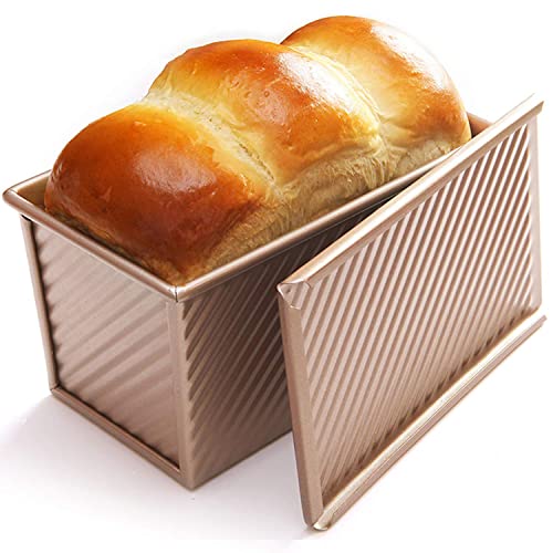CHEFMADE Pullman Loaf Pan with Lid, 1Lb Dough Capacity Non-Stick Rectangle Corrugated Bread Pan Bakeware, Toast Mold with Cover for Oven Baking Cakes, Breads and Meatloaf (Champagne Gold)