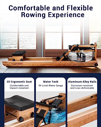 Topiom Water Rower Rowing Machine With Tm-3 Performance Monitor, Oak Veneer Over Rubber Wood With 400 Lbs Max Capacity #TOP3