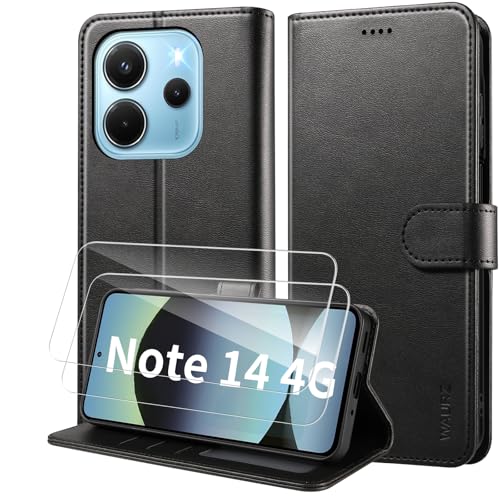 WAURZ Coque pour Xiaomi Redmi Note 14 4G, Etui avec 2 Verre Trempé Porte Carte Clapet à Rabat Portefeuille Cuir Case Housse Protection Cover Étui pour Redmi Note 14...