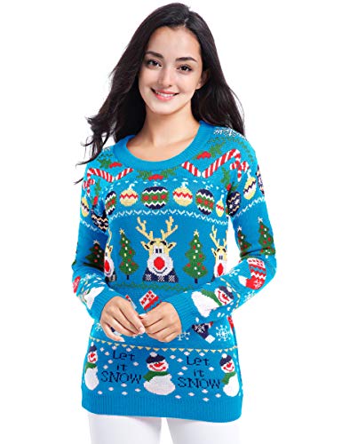 v28 Varied Ugly Christmas Sweater for Women Merry Reindeer Shirt Knit Sweaters (XS, Beauty Snowman Blue)
