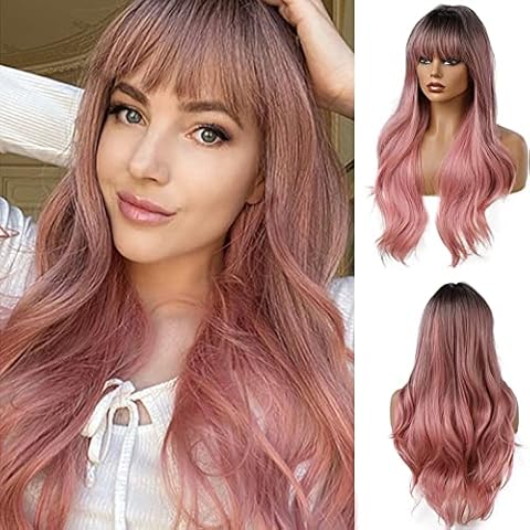 iShine Long Pink Wigs for Women,Ombre Pink Wig with Bangs Natural Long Wavy Wig Synthetic Hair Heat Resistant Daily Party Cosplay Wigs 26 inch Cover