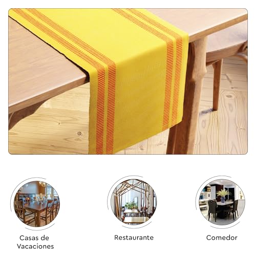 Image of Encasa XO Dining Table Runner for 4 to 6 Seater| Yarn Dyed Fine Ribbed Cotton | Size 32x183 cm | Ladder Lemon | Machine Washable