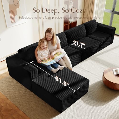 Image of Vesgantti 159 inch Large Modular Sectional Sofa, L-Shaped Corduroy Cloud Couch with Deep Seats & Spring Support, 4-Seater Boneless Sofa with Movable Ottoman, No Assembly Needed, Black