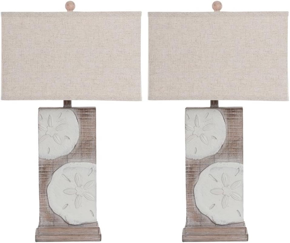 Pemberly Row Coastal Sand Dollar Table Lamps, 30 in, Poly Resin Base, Natural Finish, Set of 2 with Linen Hardback Shade, 3-Way Switch, Beach House or Coastal Decor Lighting
